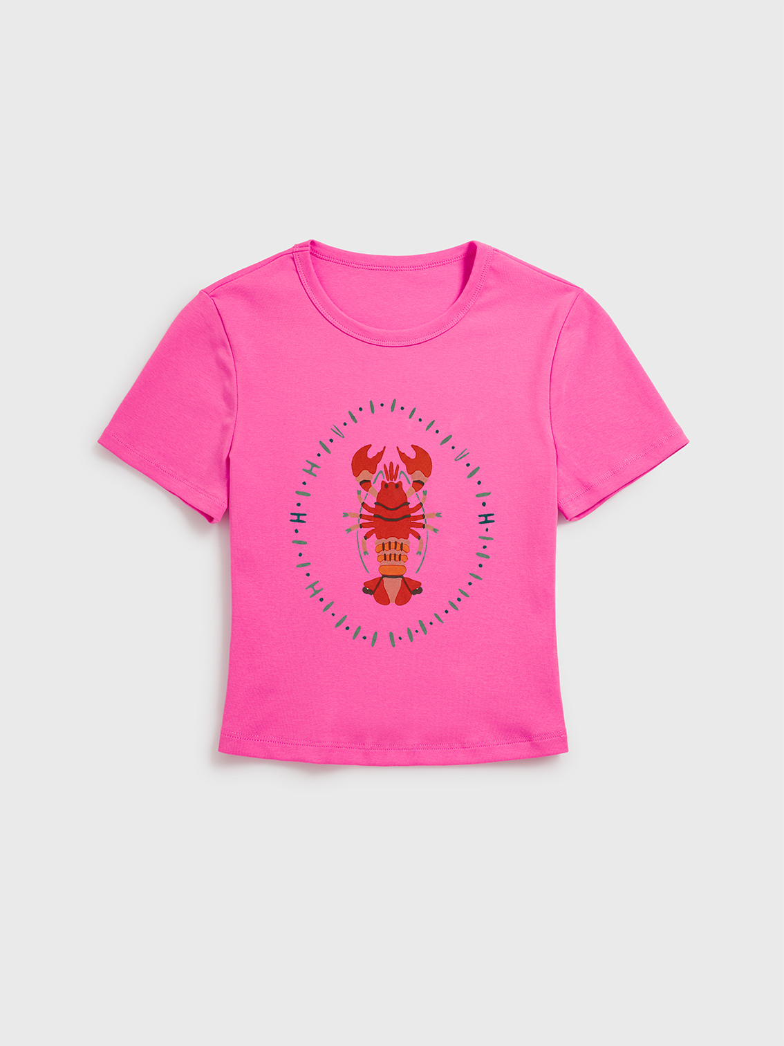 Tropical Lobster Patchwork Print Crew Neck Cotton Tee