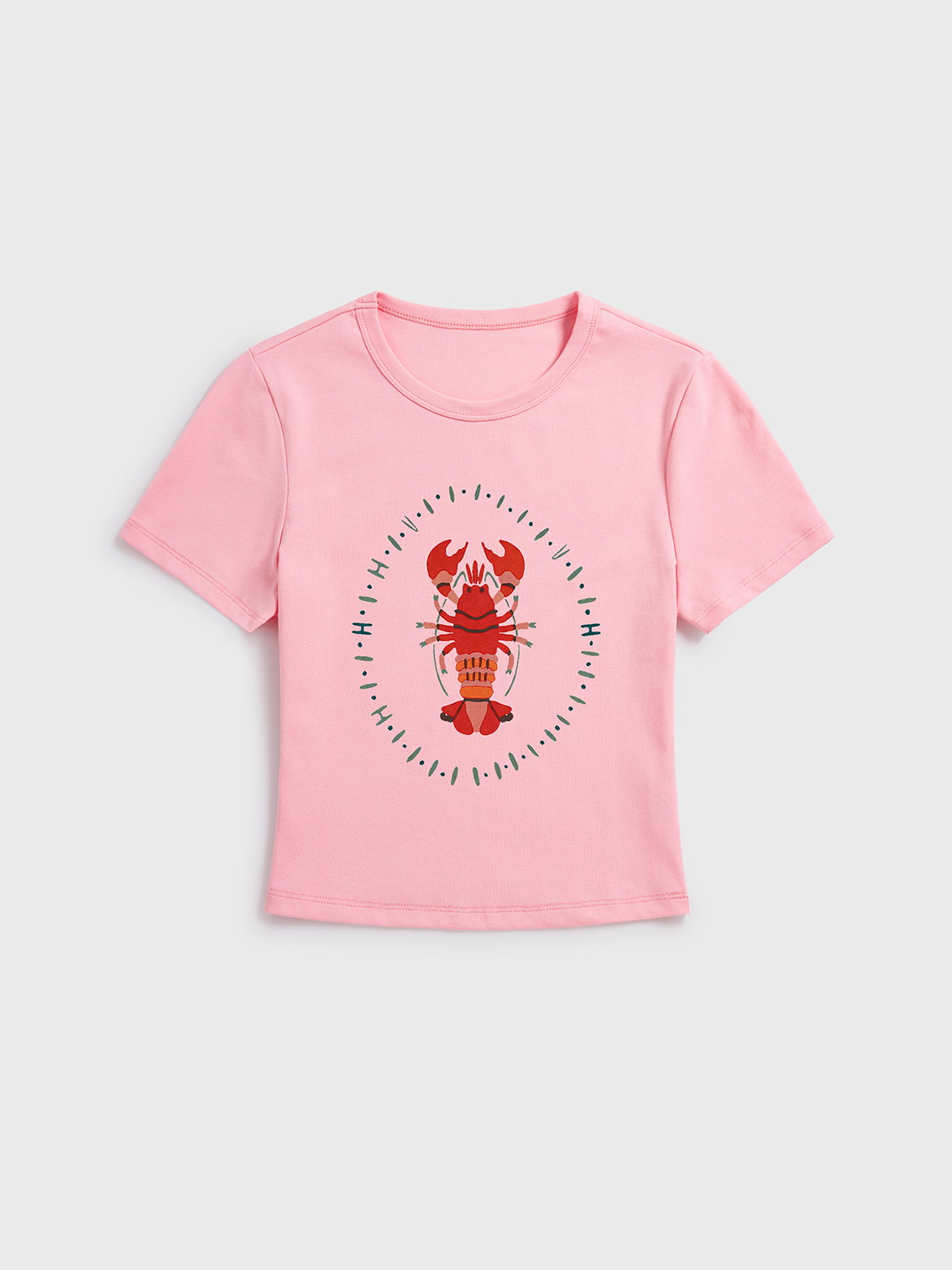 Tropical Lobster Patchwork Print Crew Neck Cotton Tee