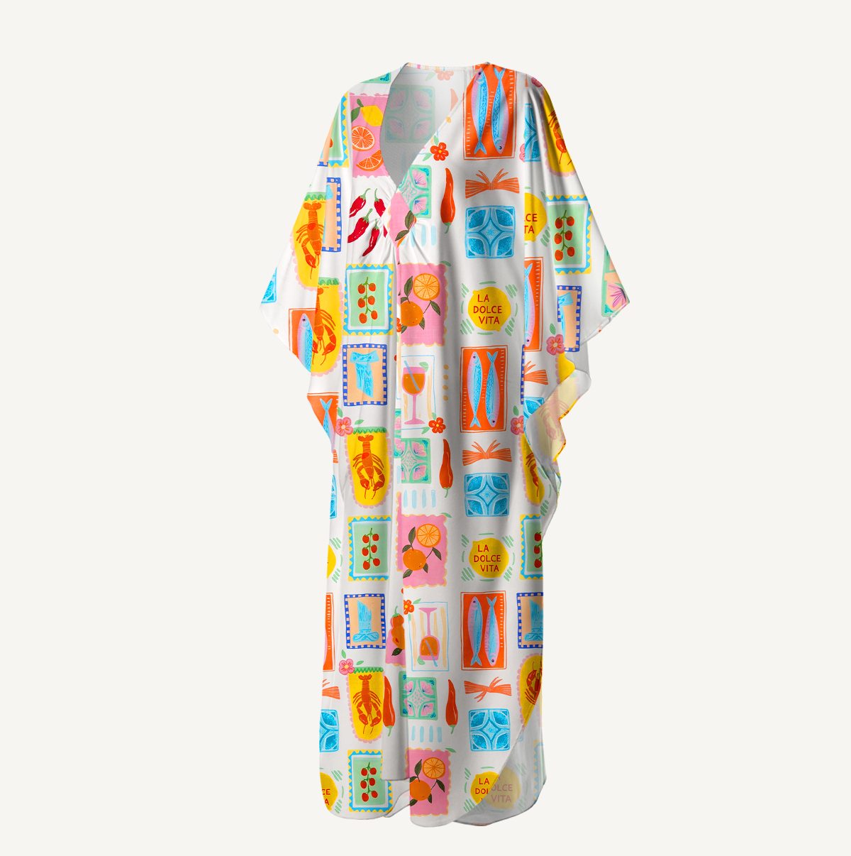 Tropical Stamp Print Kimono Sleeve Kaftan Dress