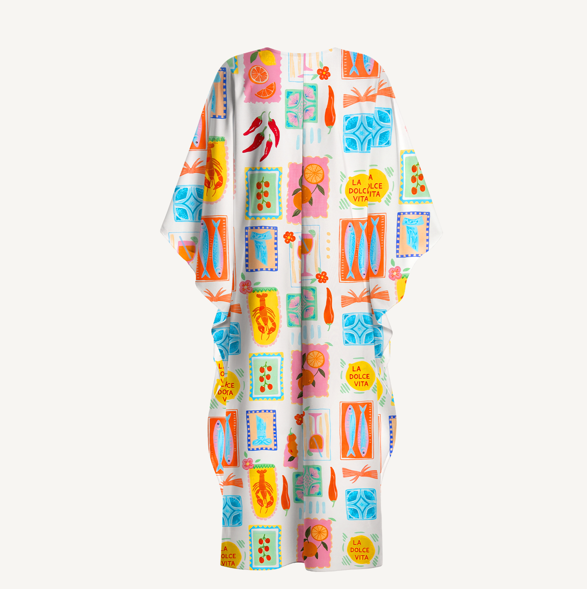 Tropical Stamp Print Kimono Sleeve Kaftan Dress