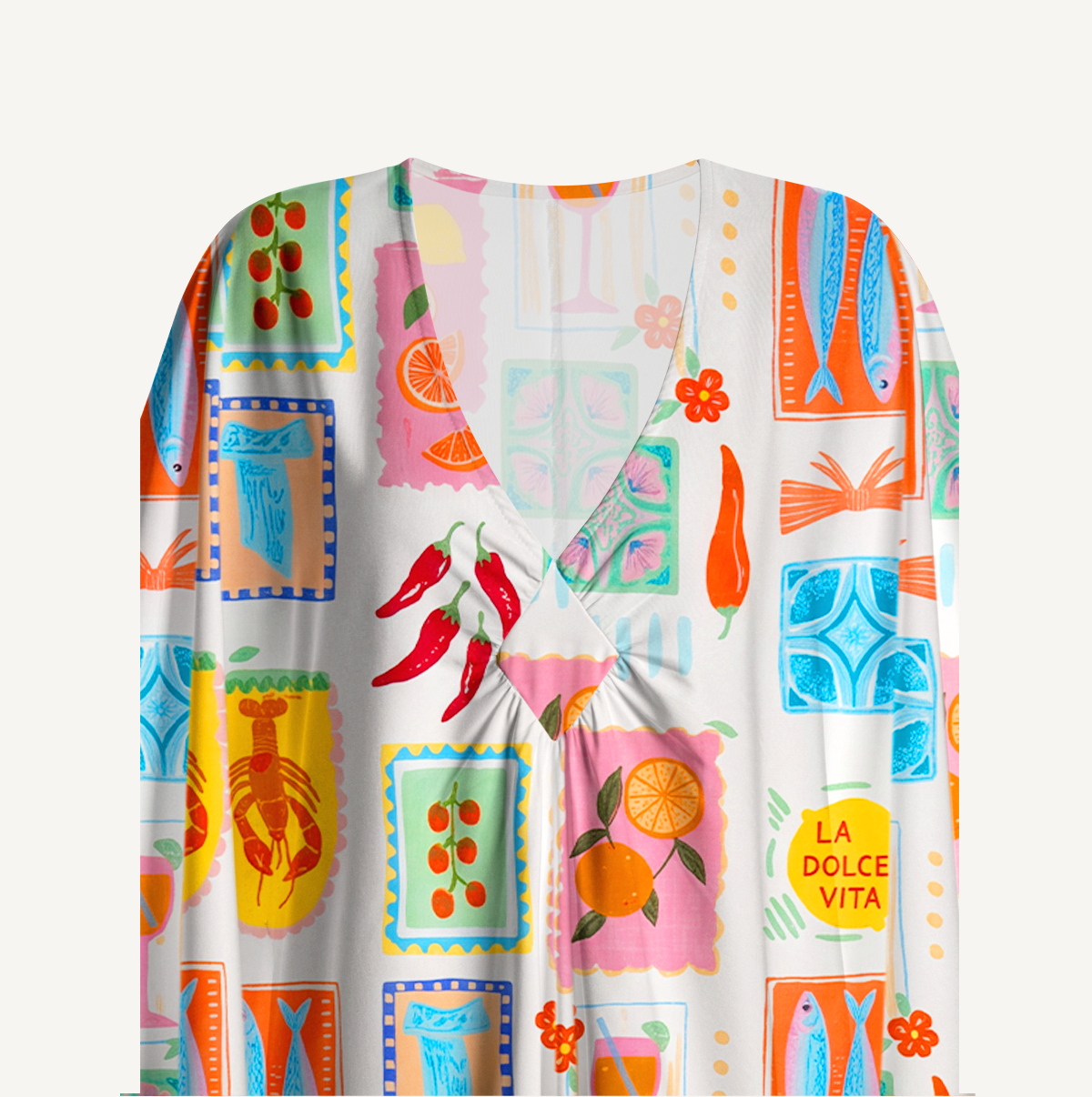 Tropical Stamp Print Kimono Sleeve Kaftan Dress