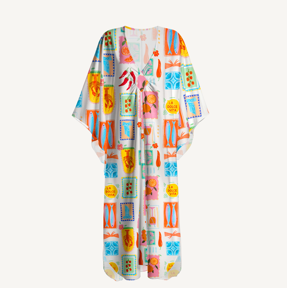 Tropical Stamp Print Kimono Sleeve Kaftan Dress