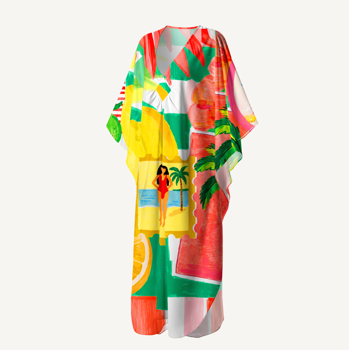 Tropical Floral & Palm Kimono Sleeve Kaftan Dress