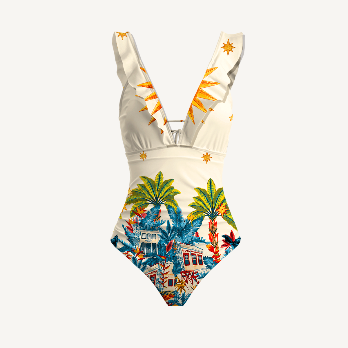 Retro Sun & Palm Ruffled V Neck One Piece Swimsuit and Matching Midi Skirt Set