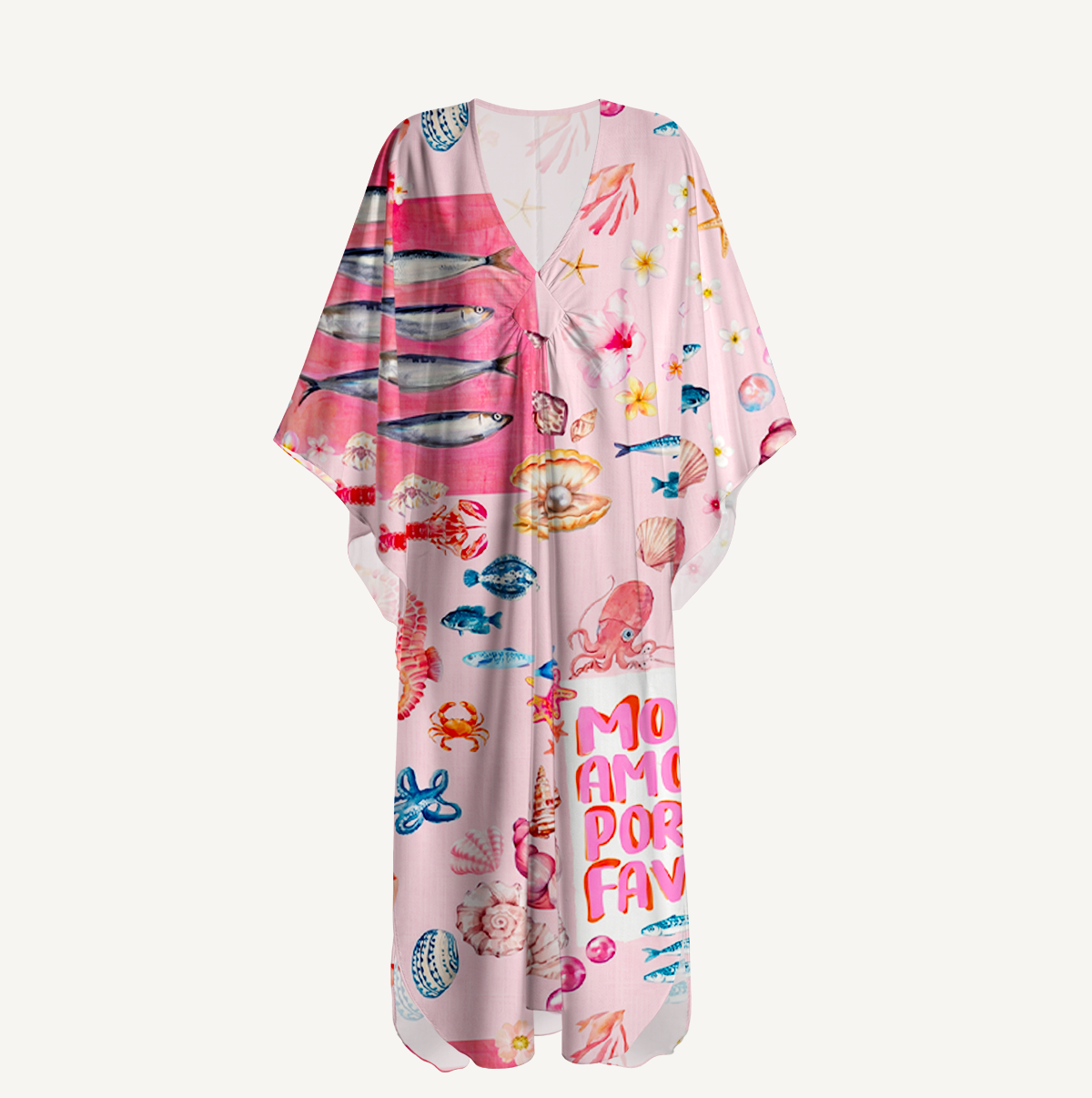 Pink Ocean Life Kimono Sleeve Kaftan Dress