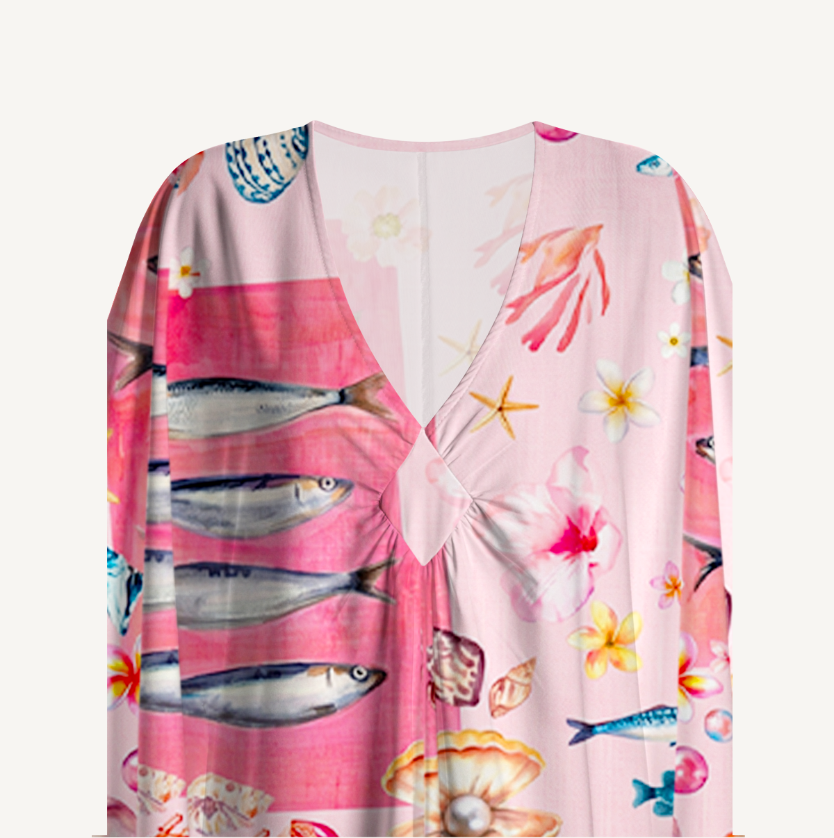 Pink Ocean Life Kimono Sleeve Kaftan Dress