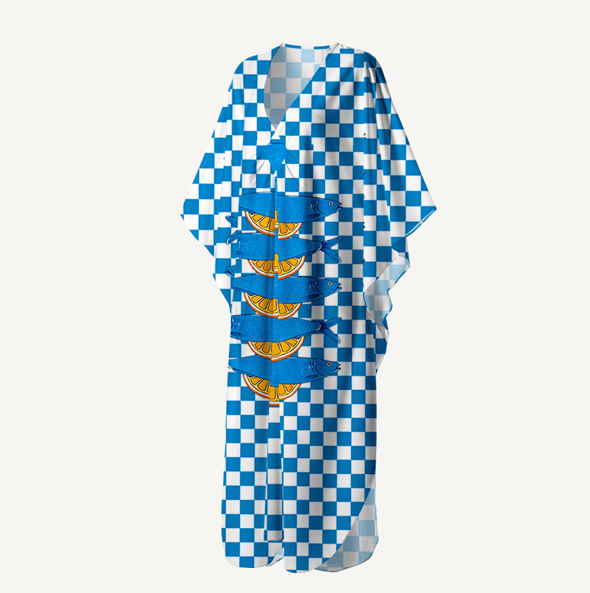 Blue Check Lemon Kimono Sleeve Kaftan Dress