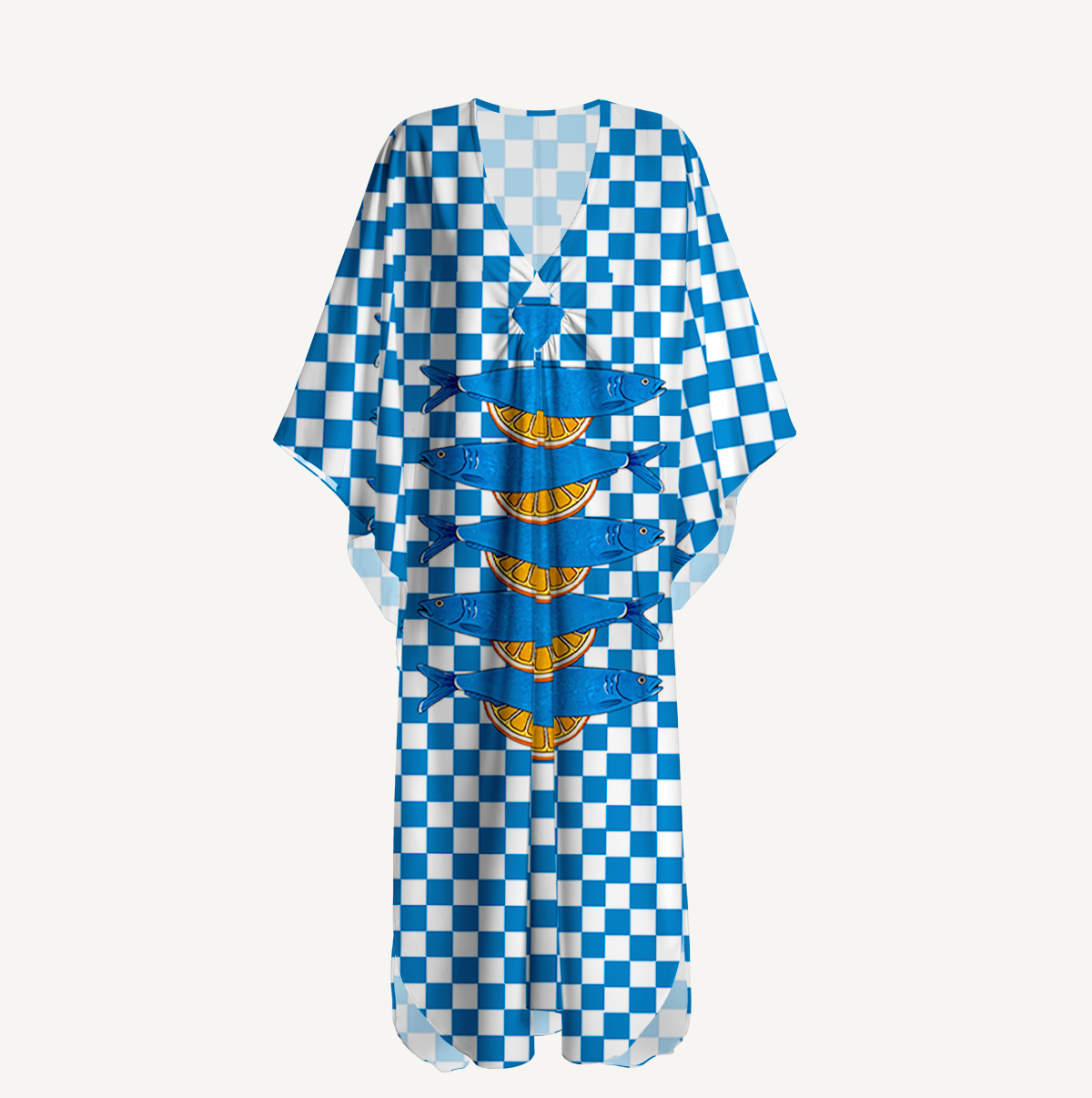 Blue Check Lemon Kimono Sleeve Kaftan Dress