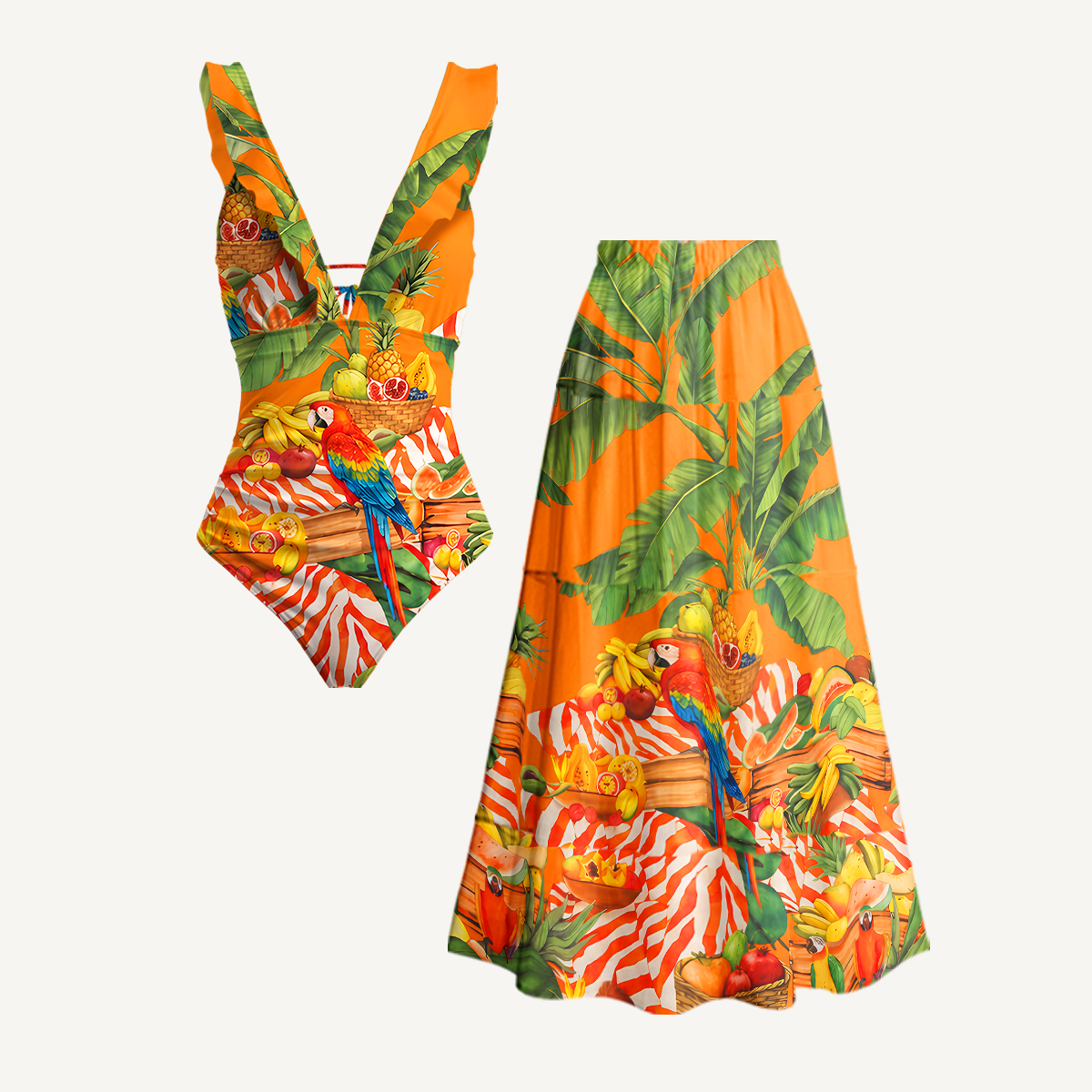 Tropical Parrot Fruit Feast V Neck Swimwear For Women