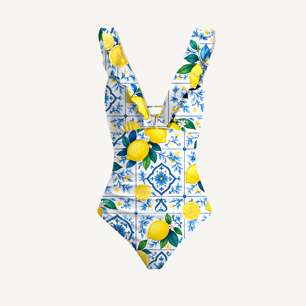 Mediterranean-style tiles with lemon patterns V Neck Swimwear For Women