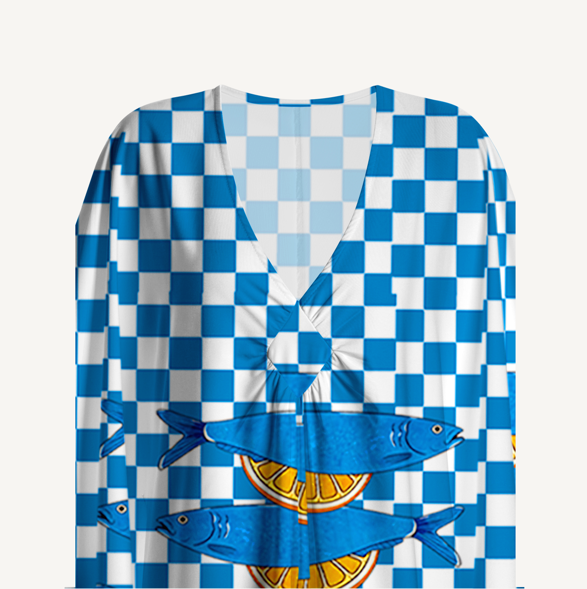 Blue Check Lemon Kimono Sleeve Kaftan Dress