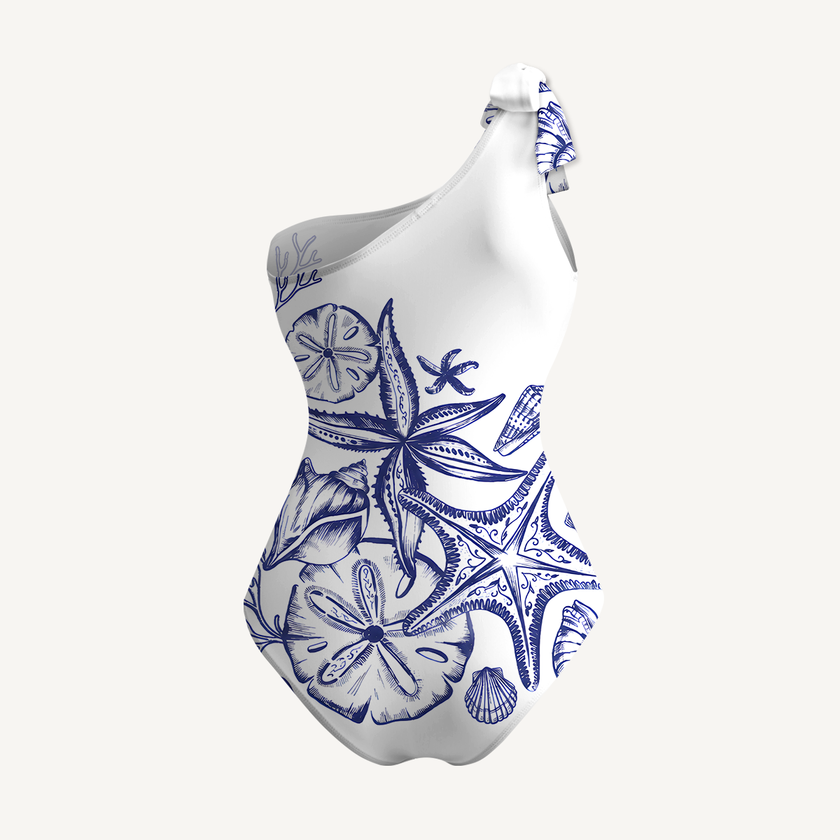 Coastal Nautical Starfish One Shoulder One Piece Swimsuit and Matching Sarong Set for Women
