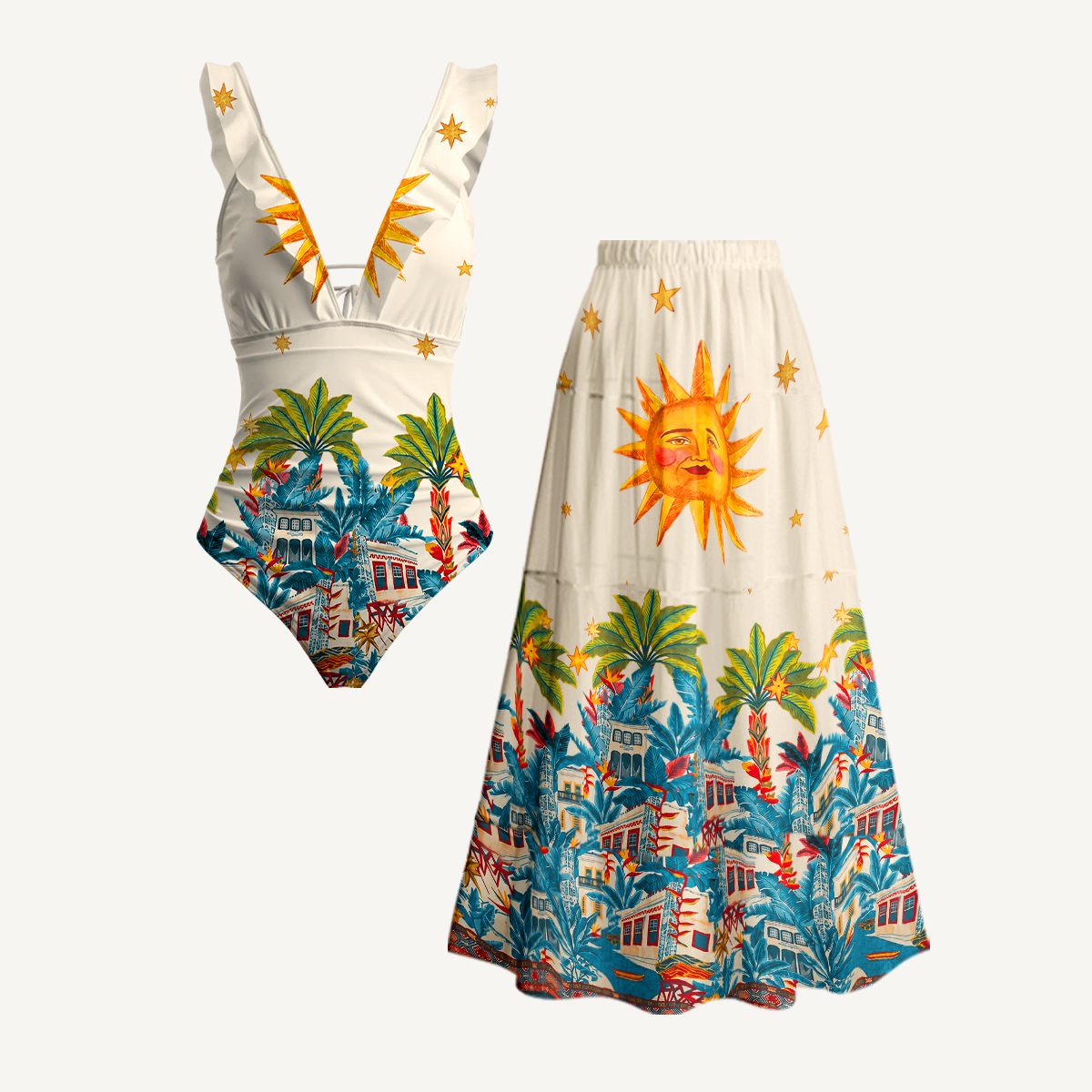 Retro Sun & Palm Ruffled V Neck One Piece Swimsuit and Matching Midi Skirt Set