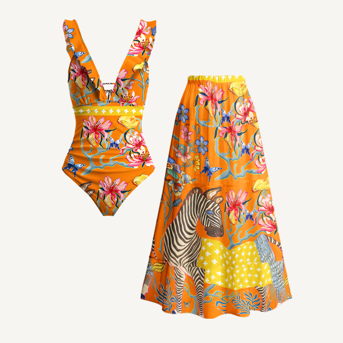 Tropical Zebra V Neck Swimsuit Sets
