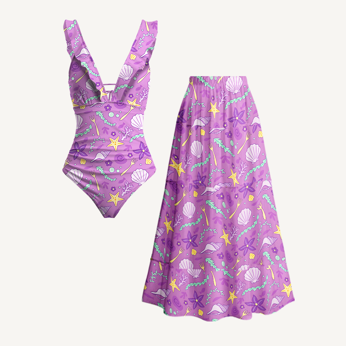 Whimsical Underwater Seashell Garden V Neck Swimsuit Sets