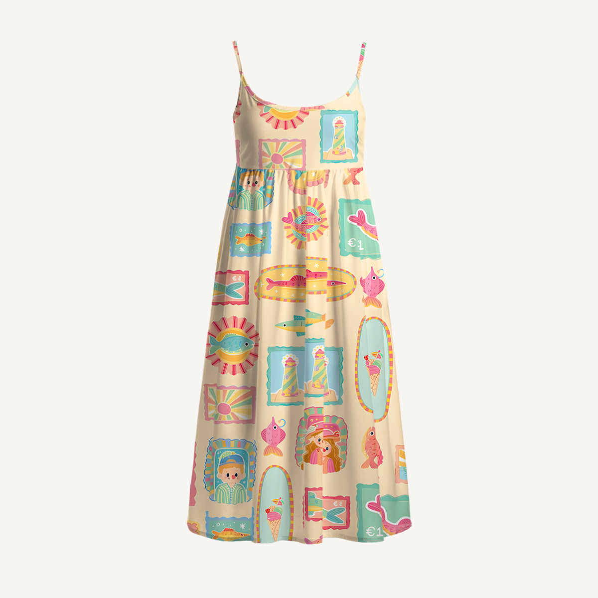 Seaside Postcard Collage Print Strap Mini  Dress