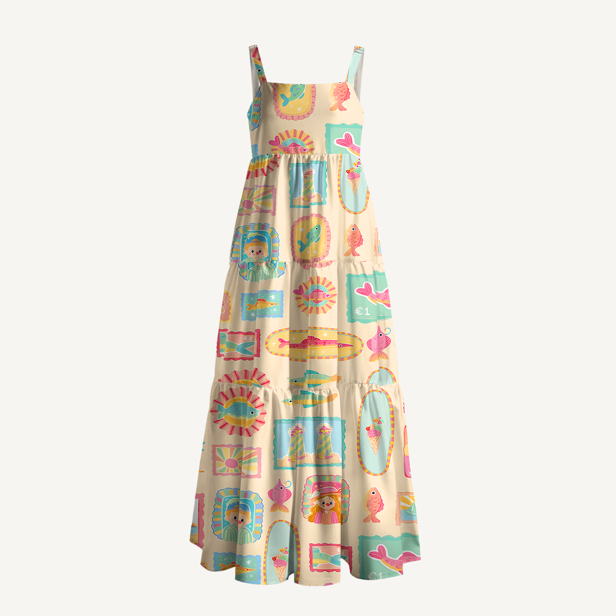 Seaside Postcard Collage Soft Summer Maxi Dress With Pockets