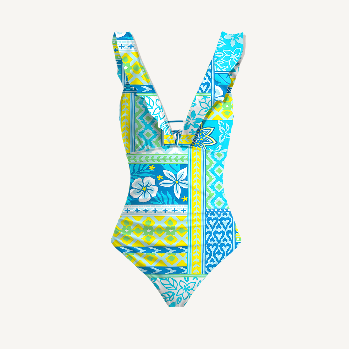 Azure Tropic Patchwork V Neck Swimsuit Sets