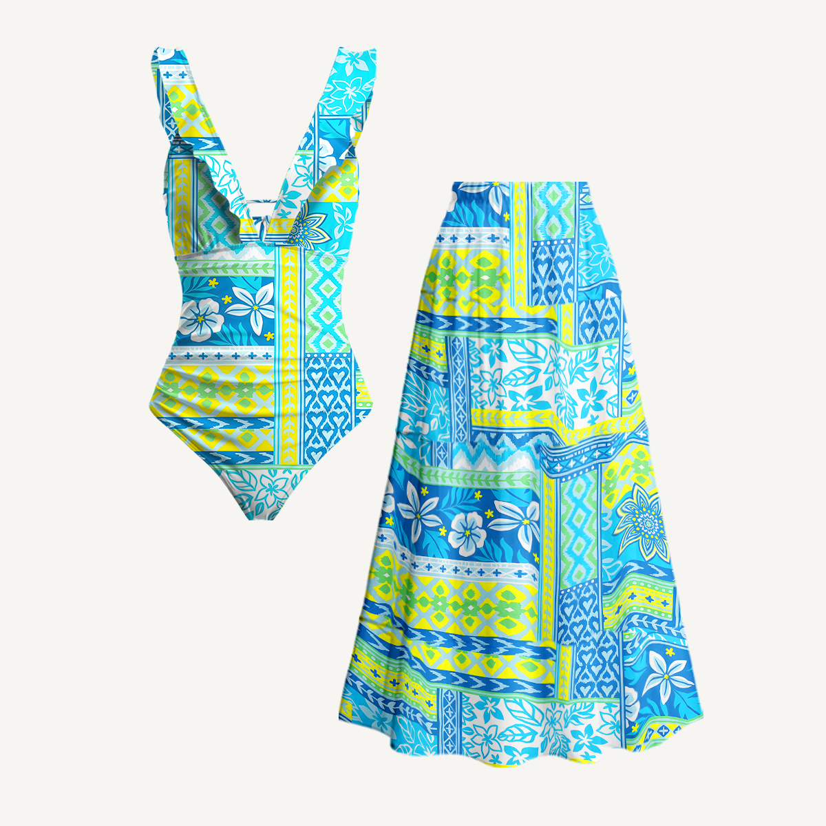 Azure Tropic Patchwork V Neck Swimsuit Sets