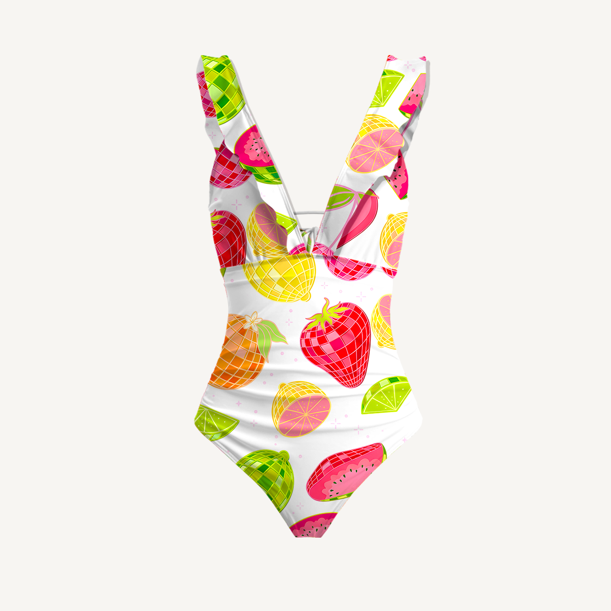 Tropical Fruit Market Print V Neck Swimsuit Sets