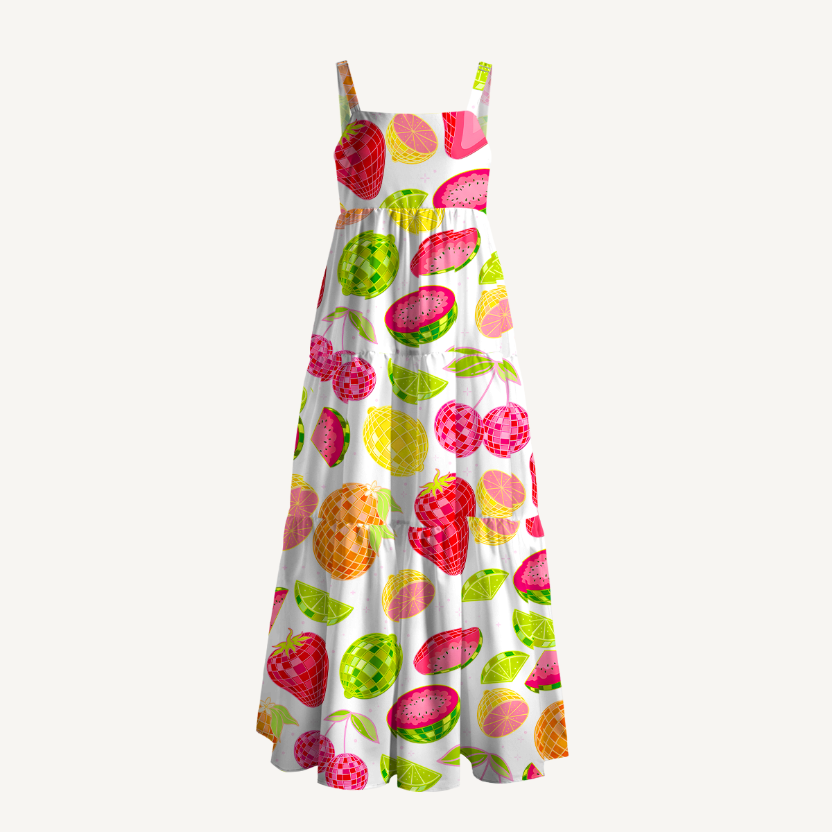 Tropical Fruit Market Print Soft Summer Maxi Dress With Pockets
