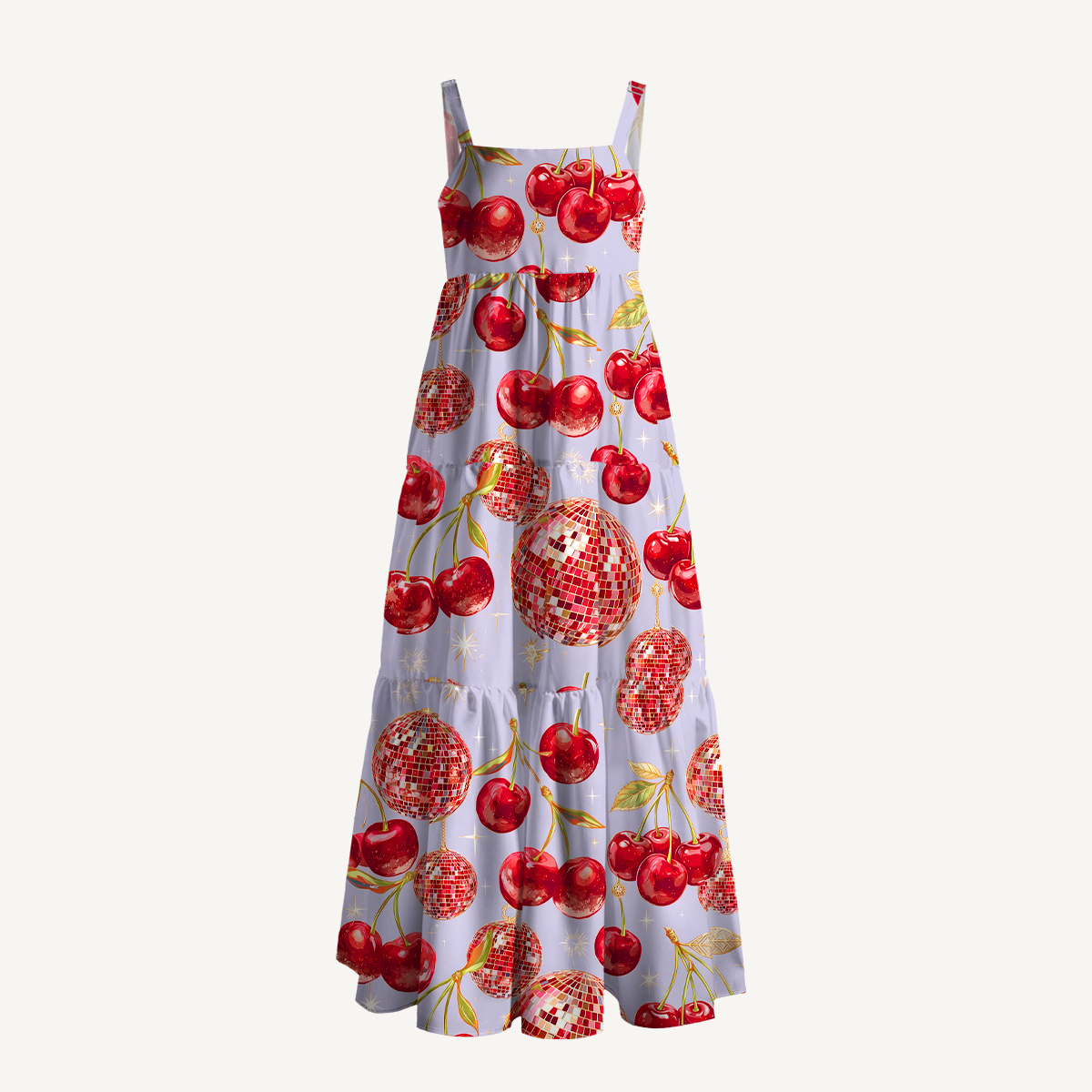 Cherry Disco Party Print Soft Summer Maxi Dress With Pockets