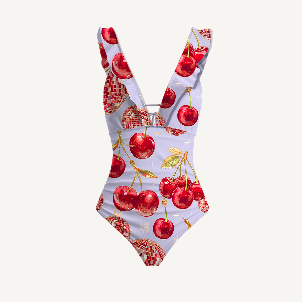 Cherry Disco Party Print V Neck Swimsuit Sets