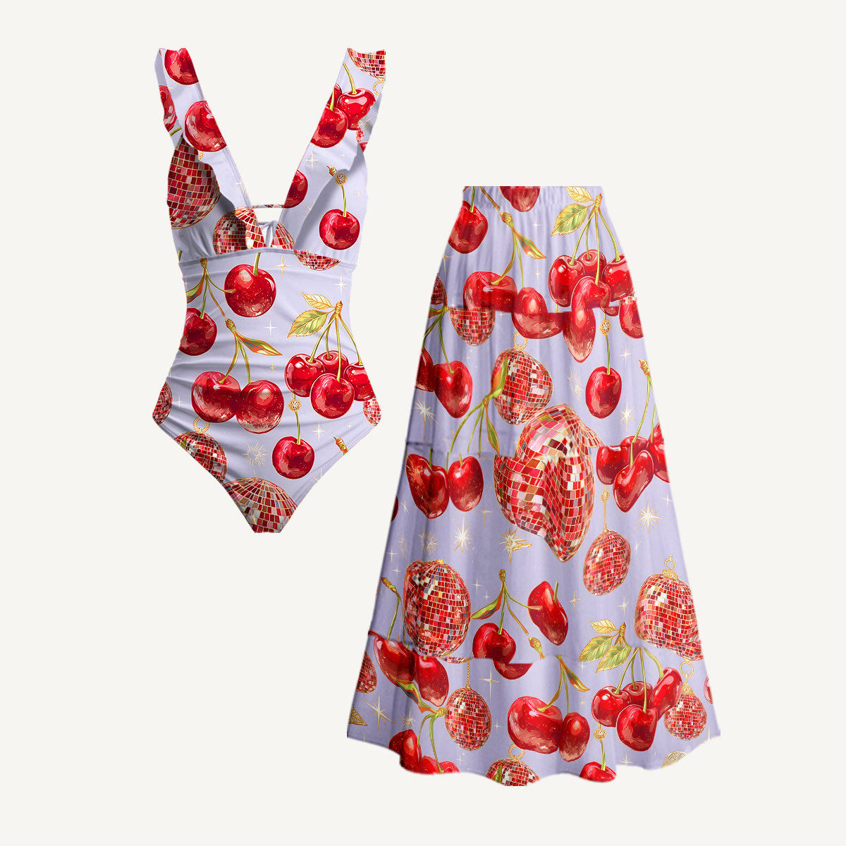 Cherry Disco Party Print V Neck Swimsuit Sets