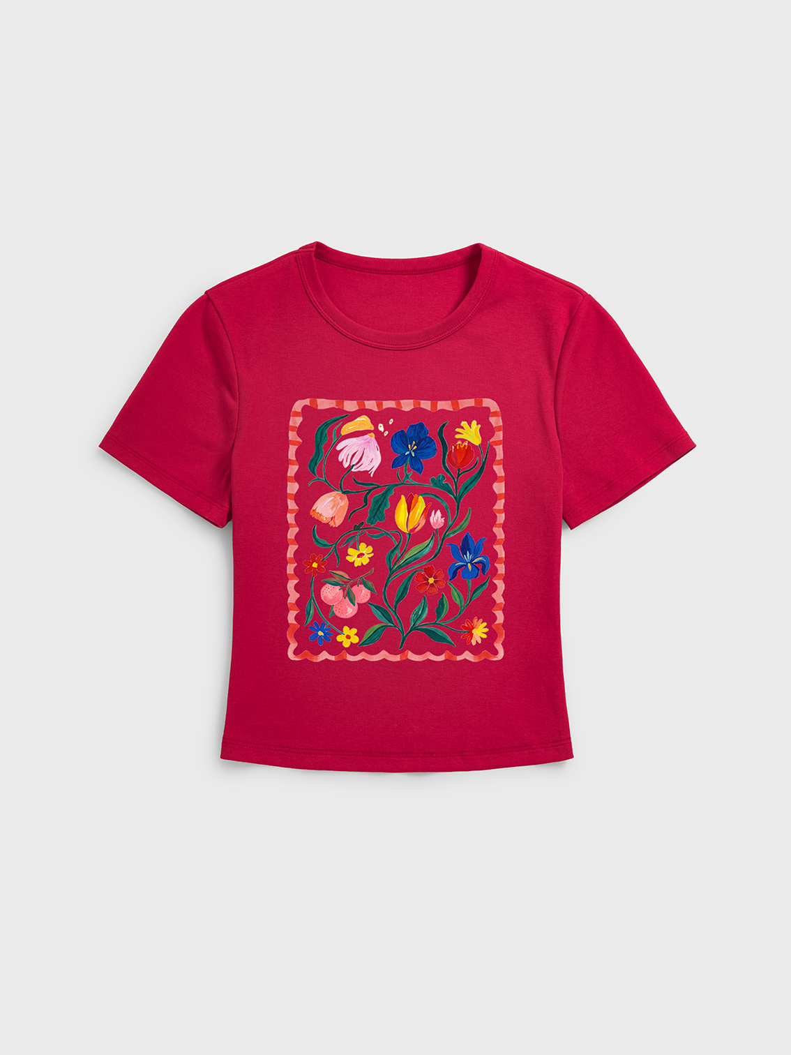 Retro Sun & Palm Print Crew Neck Cotton Tee