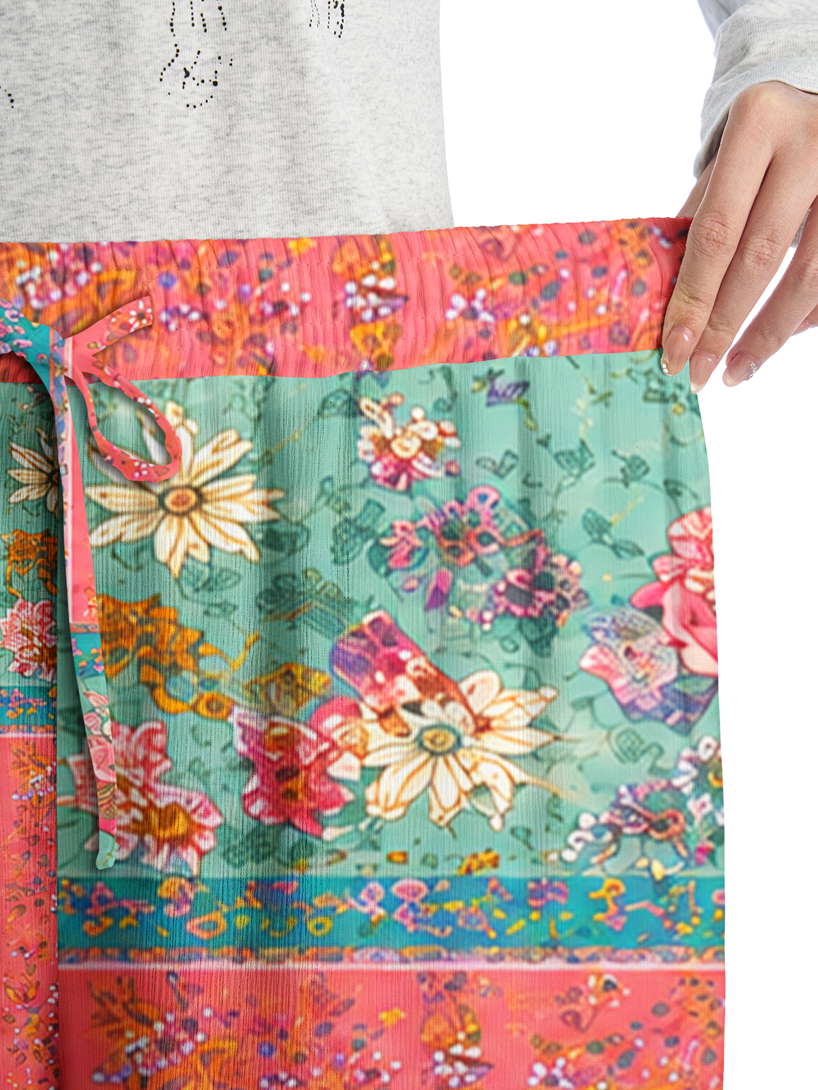 Coral Patchwork Garden Pants For Women With Pockets