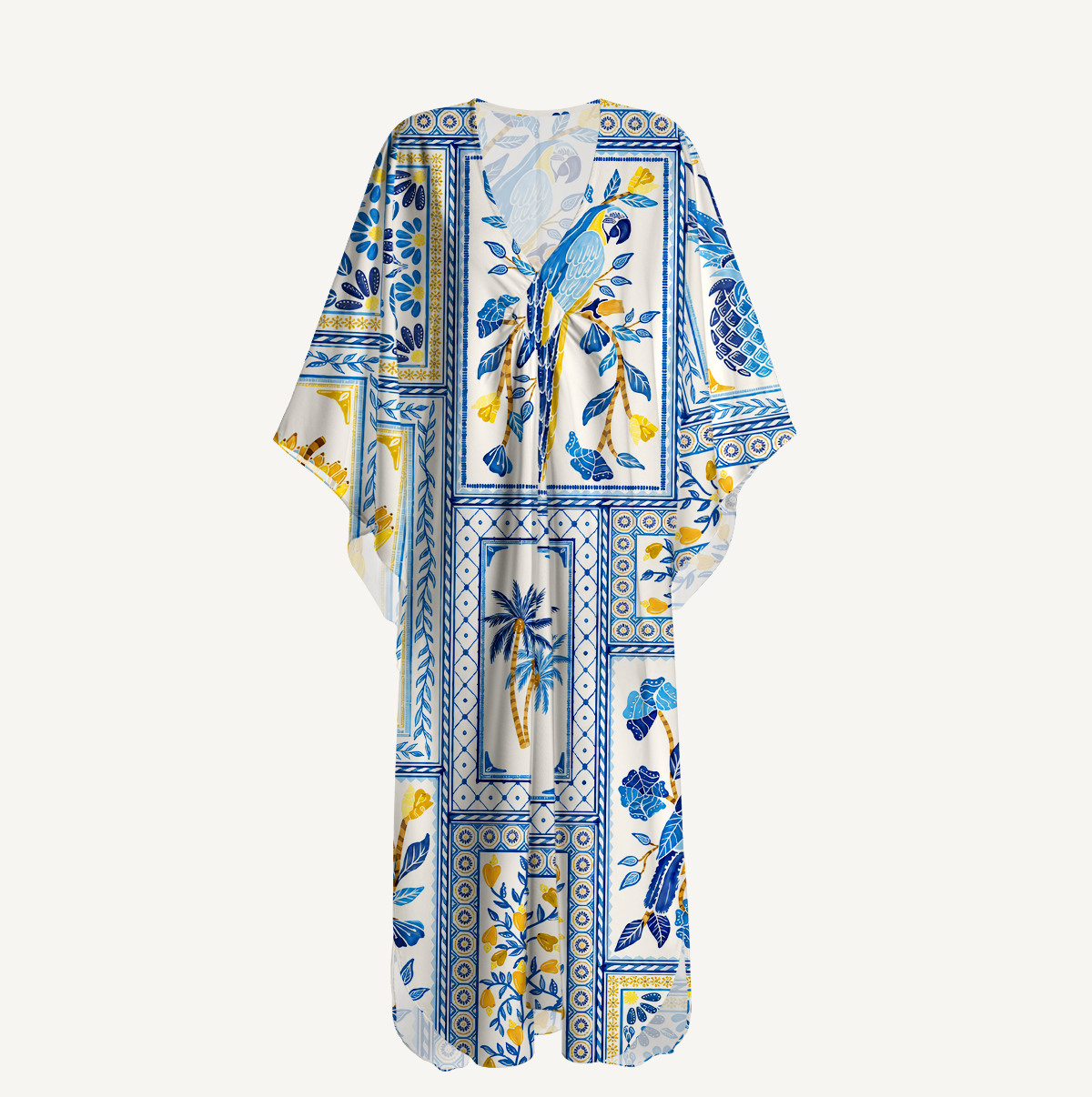 Blue Tropical Tile Kimono Sleeve Kaftan Dress