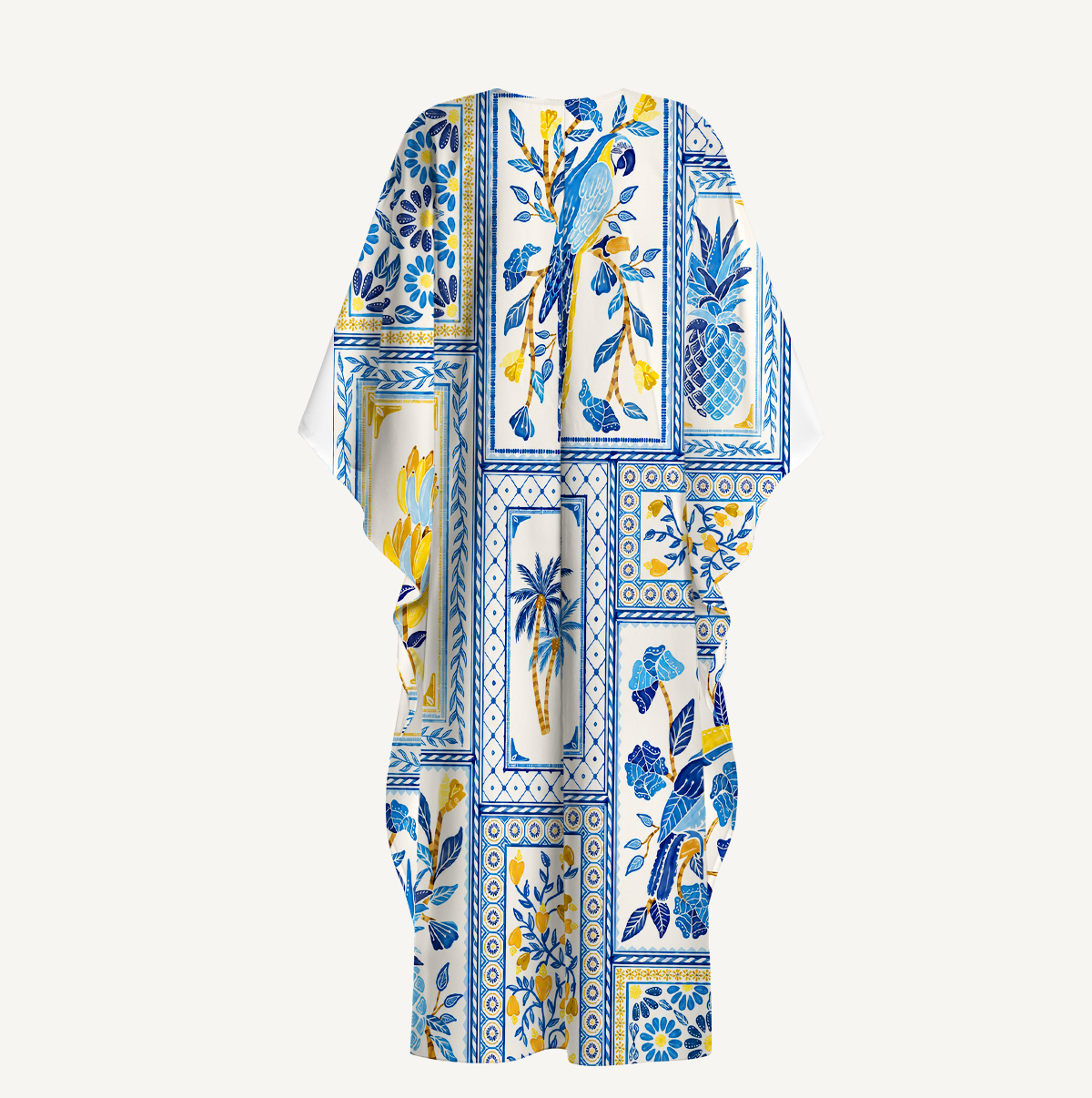 Blue Tropical Tile Kimono Sleeve Kaftan Dress