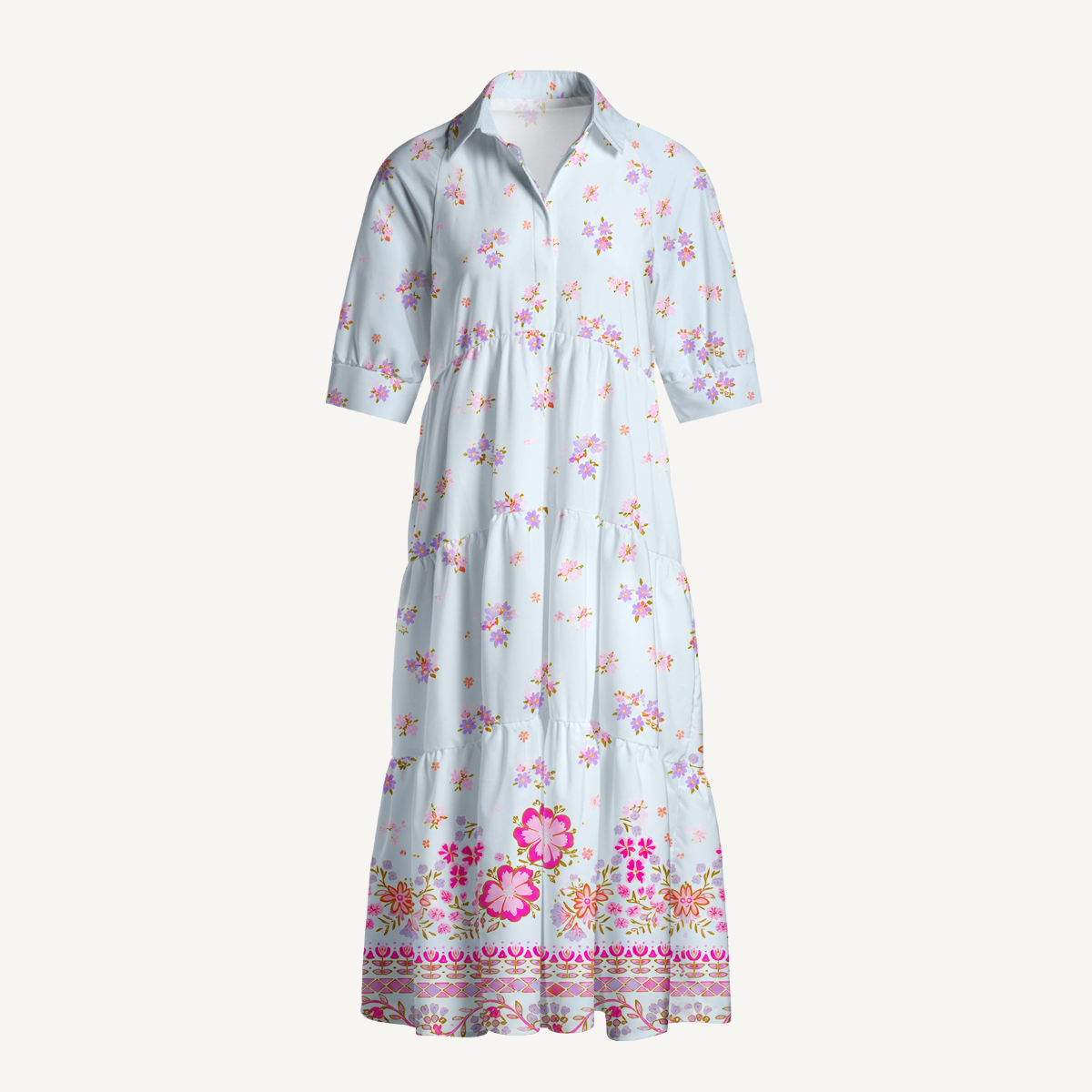 Pink Petal Cascade Print Midi Dress For Women With Pockets