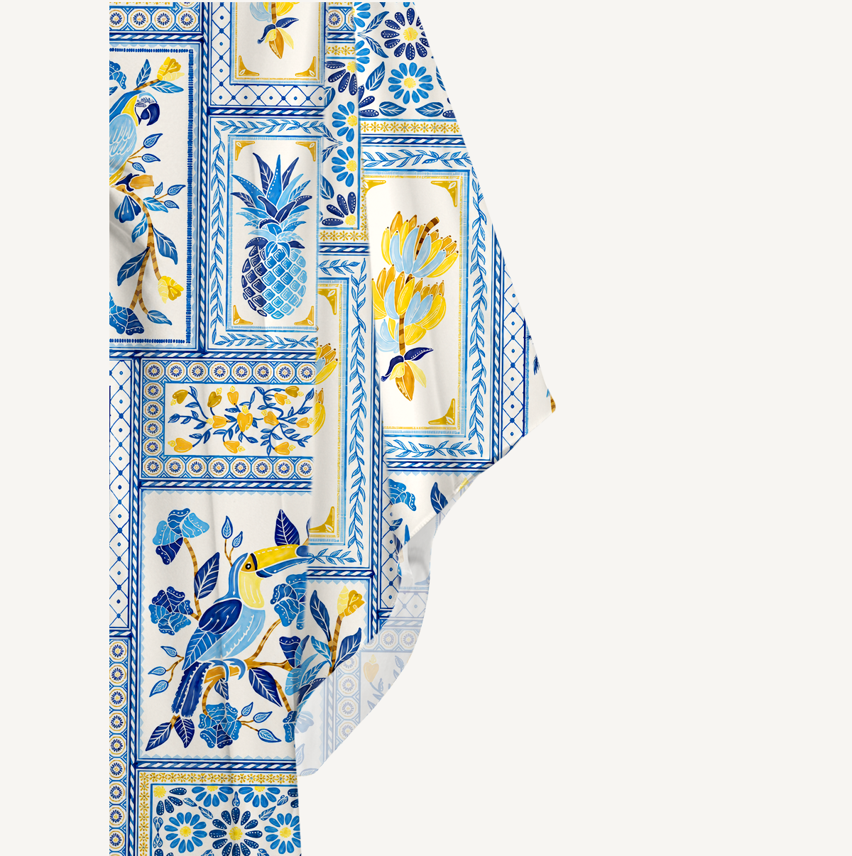Blue Tropical Tile Kimono Sleeve Kaftan Dress