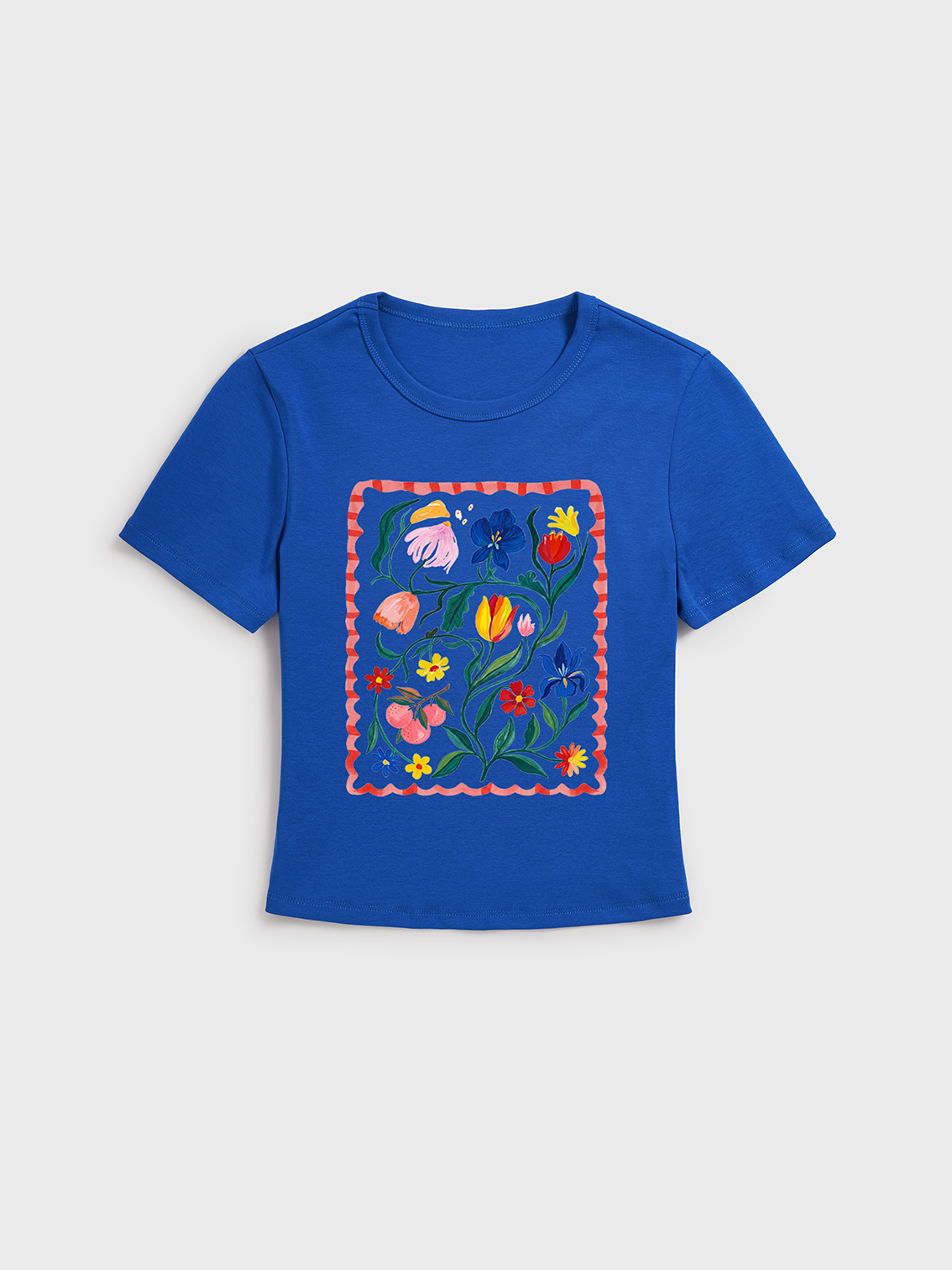 Retro Sun & Palm Print Crew Neck Cotton Tee