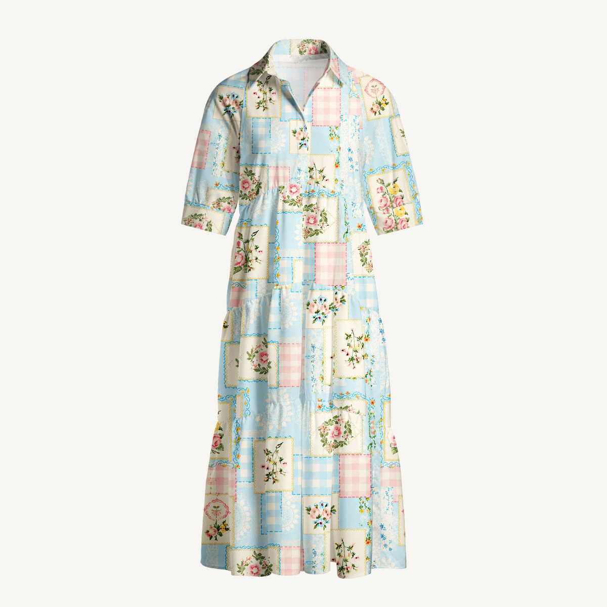 Blue Cottage Patchwork Floral Midi Dress For Women With Pockets
