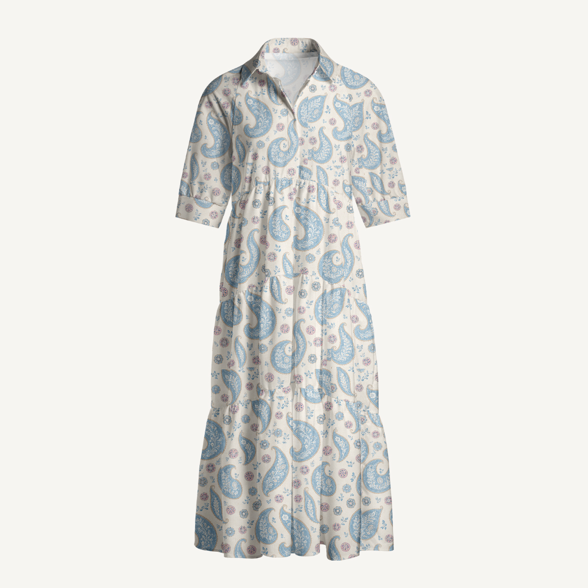 Sky Blue Paisley Bloom Elbow-Length Sleeve Midi Dress With Pockets