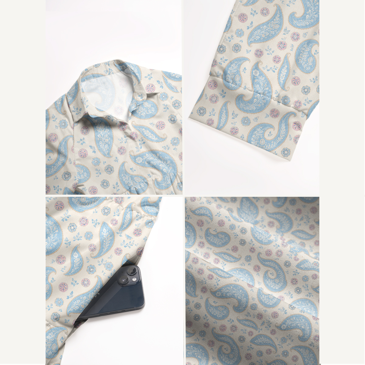 Sky Blue Paisley Bloom Elbow-Length Sleeve Midi Dress With Pockets