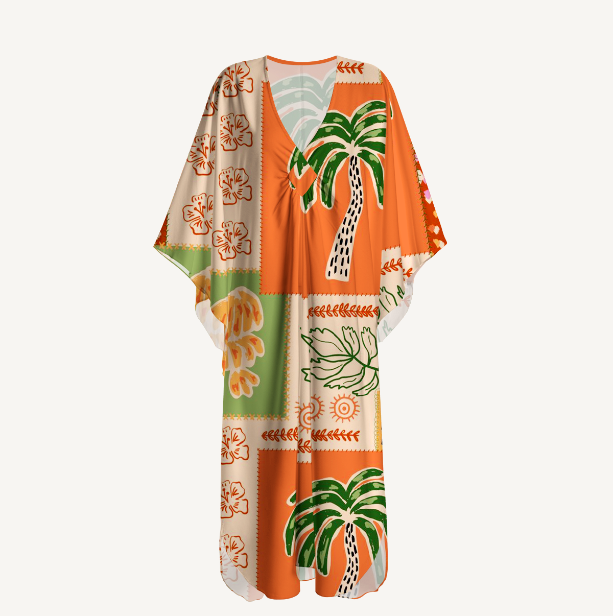 Boho Palm & Hibiscus Print Kimono Sleeve Kaftan Dress