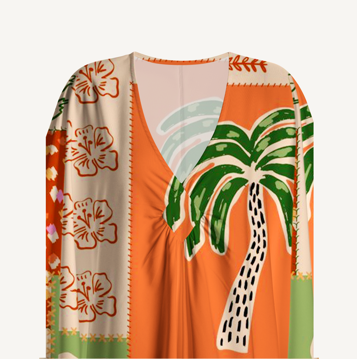Boho Palm & Hibiscus Print Kimono Sleeve Kaftan Dress