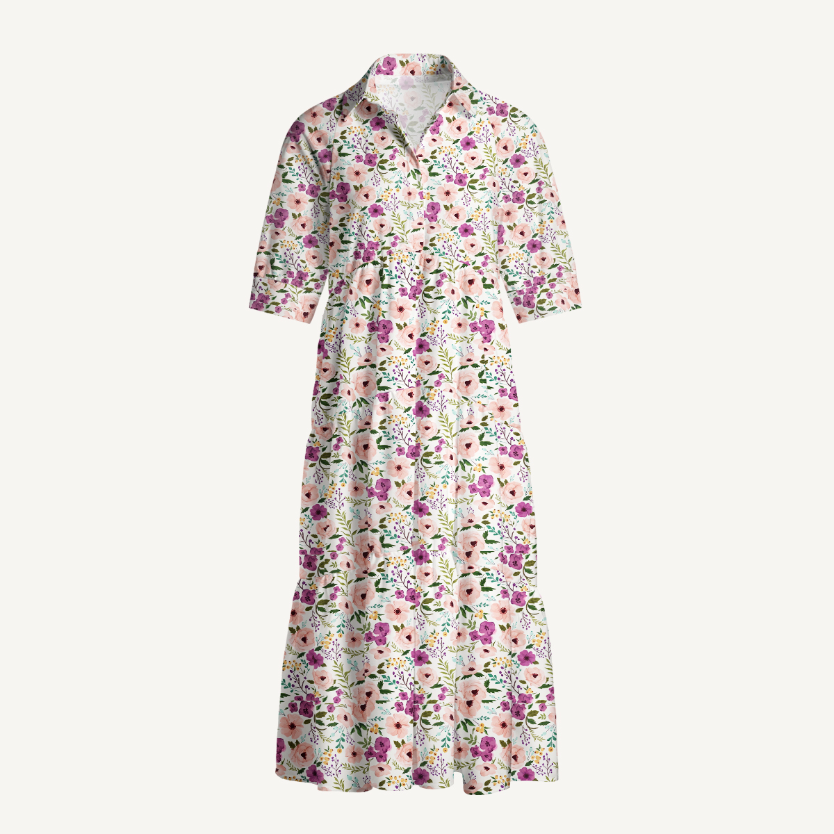 Pink and Purple Wildflower Elbow-Length Sleeve Womens Mini Dress With Pockets