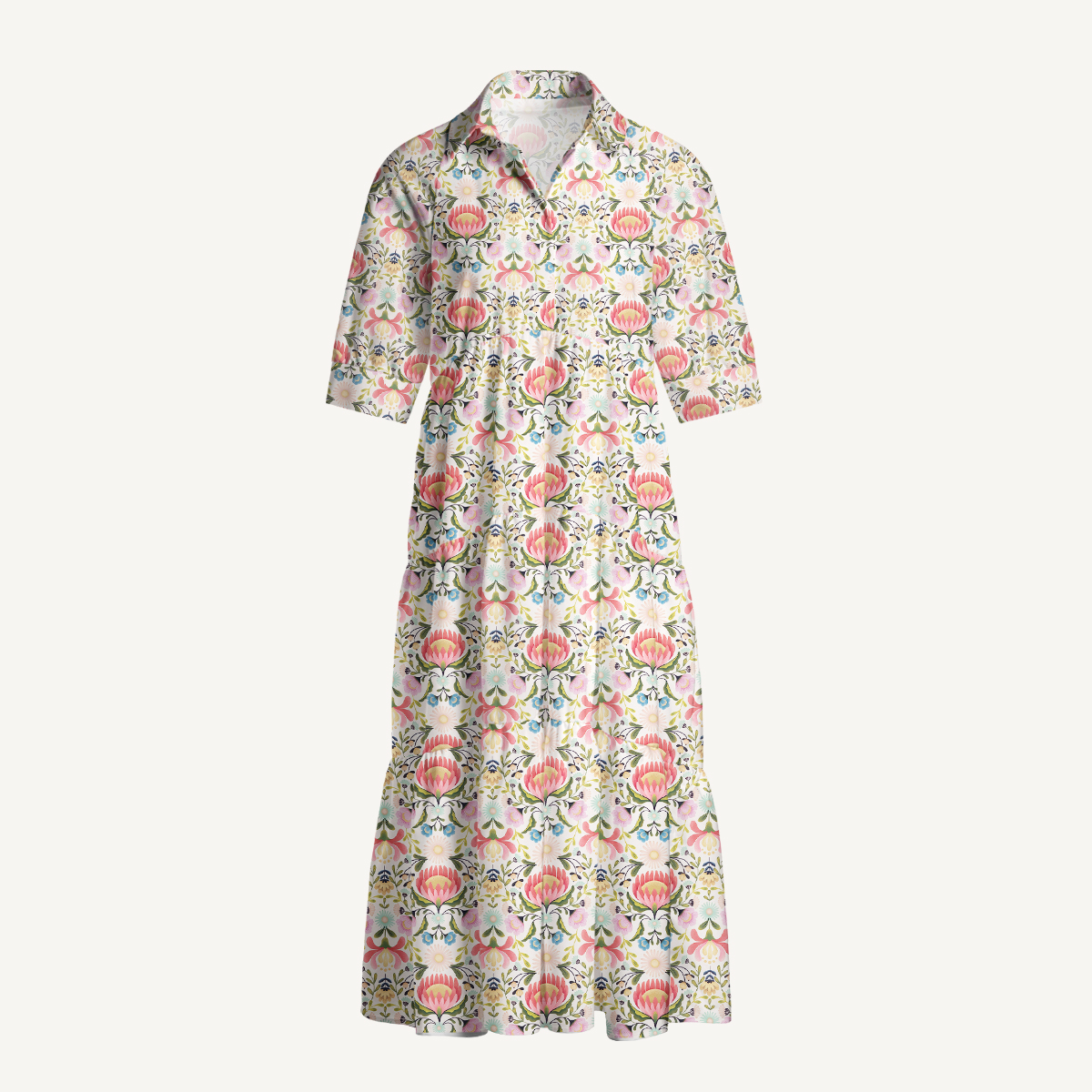 Pink Floral Lantern Motif Elbow-Length Sleeve Women Maxi Dress With Pockets