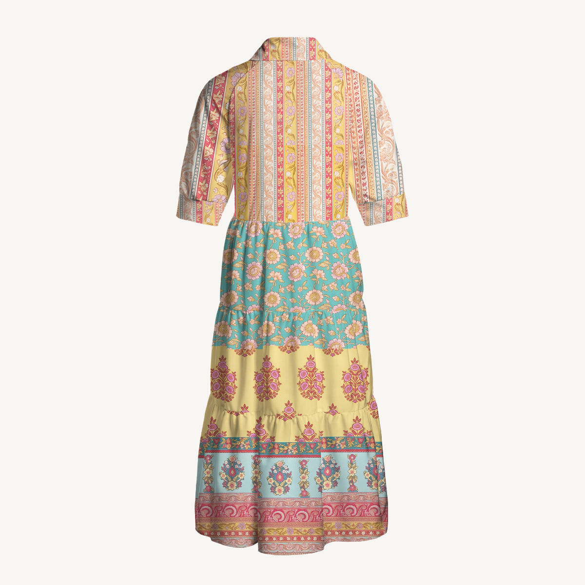 Paisley Inspired Pattern Elbow-Length Sleeve Women Maxi Dress With Pockets