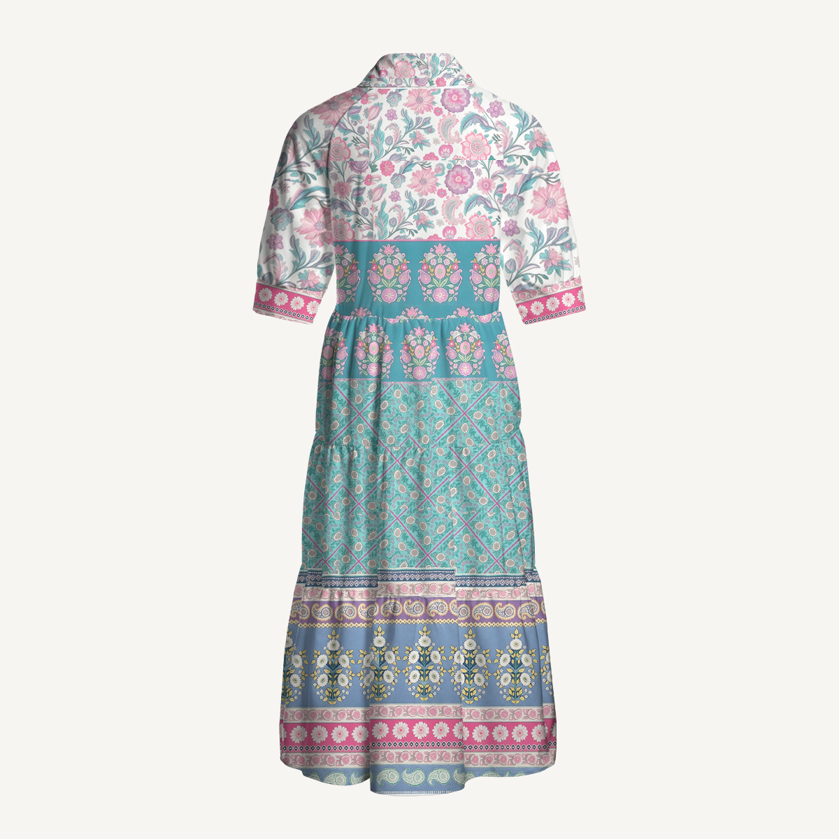 Pink Rose and Geometric Border Elbow-Length Sleeve Women Maxi Dress With Pockets