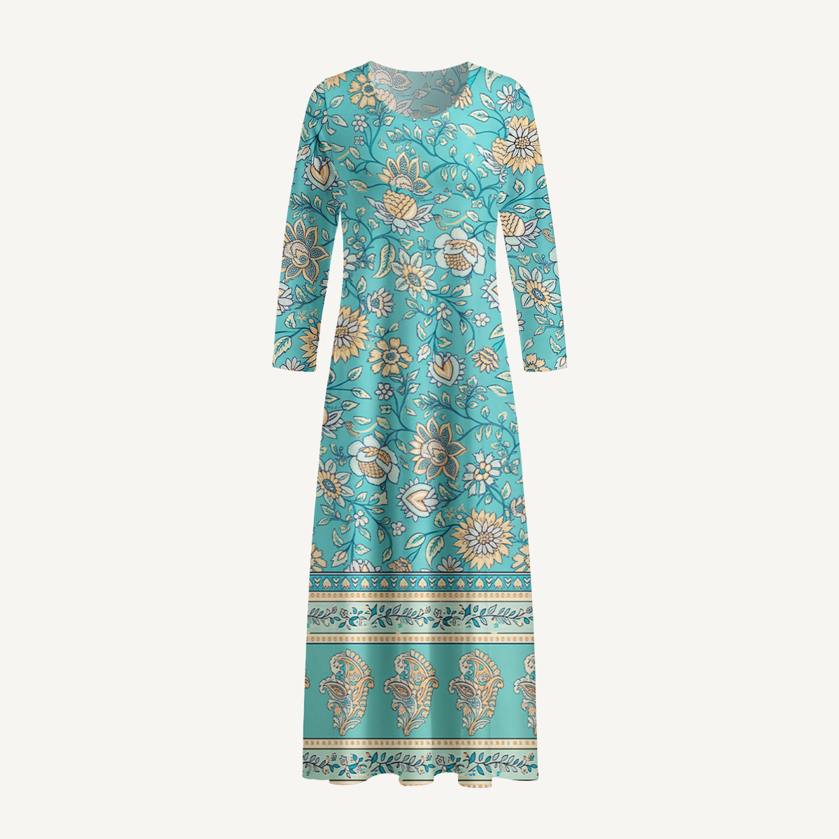 Turquoise Garden Paisley Print Soft-Touch Stretch Knit Long Sleeve Maxi Dress with Pockets