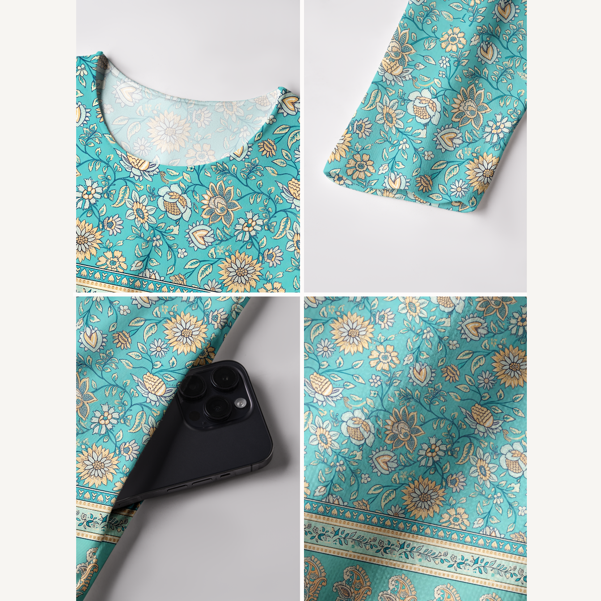 Turquoise Garden Paisley Print Soft-Touch Stretch Knit Long Sleeve Maxi Dress with Pockets