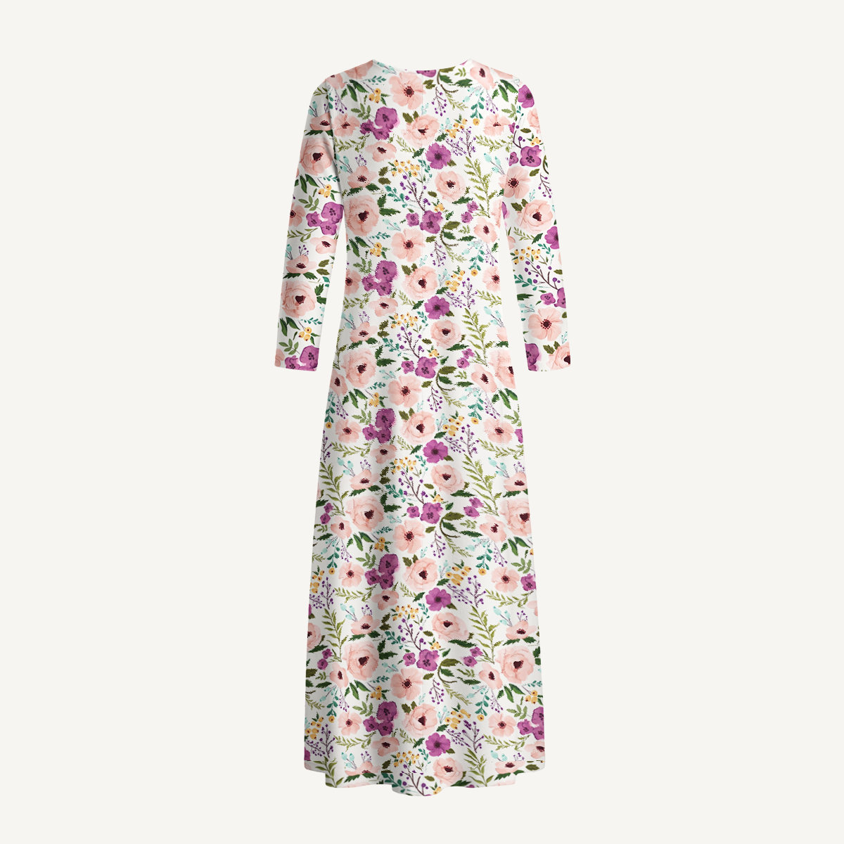 Pink and Purple Wildflower Print Soft-Touch Stretch Knit Long Sleeve Maxi Dress with Pockets