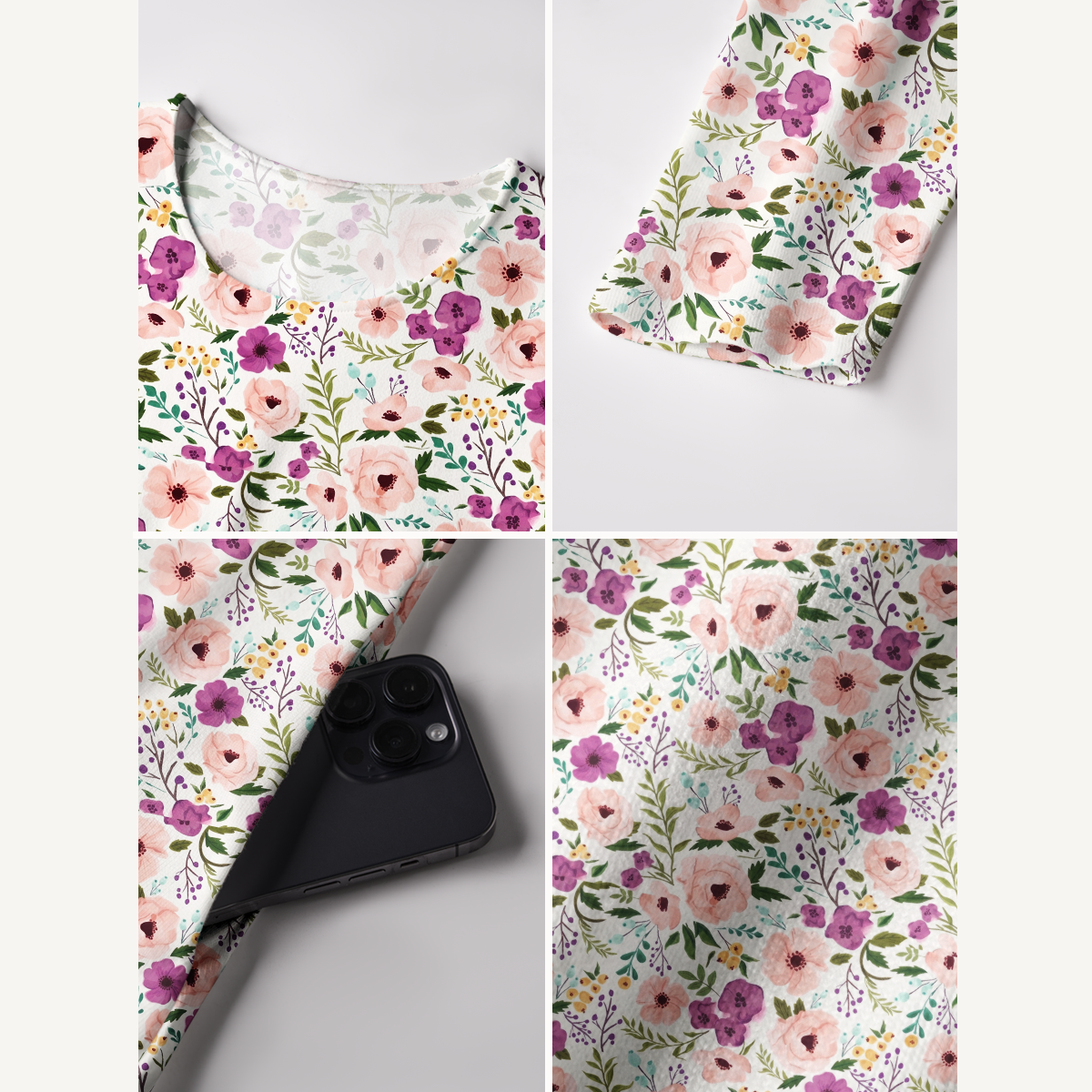 Pink and Purple Wildflower Print Soft-Touch Stretch Knit Long Sleeve Maxi Dress with Pockets