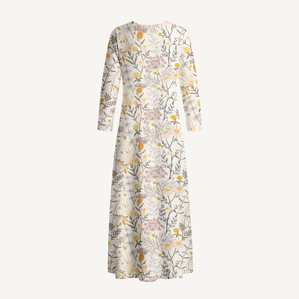 Yellow Wildflower Meadow Print Soft-Touch Stretch Knit Long Sleeve Maxi Dress with Pockets