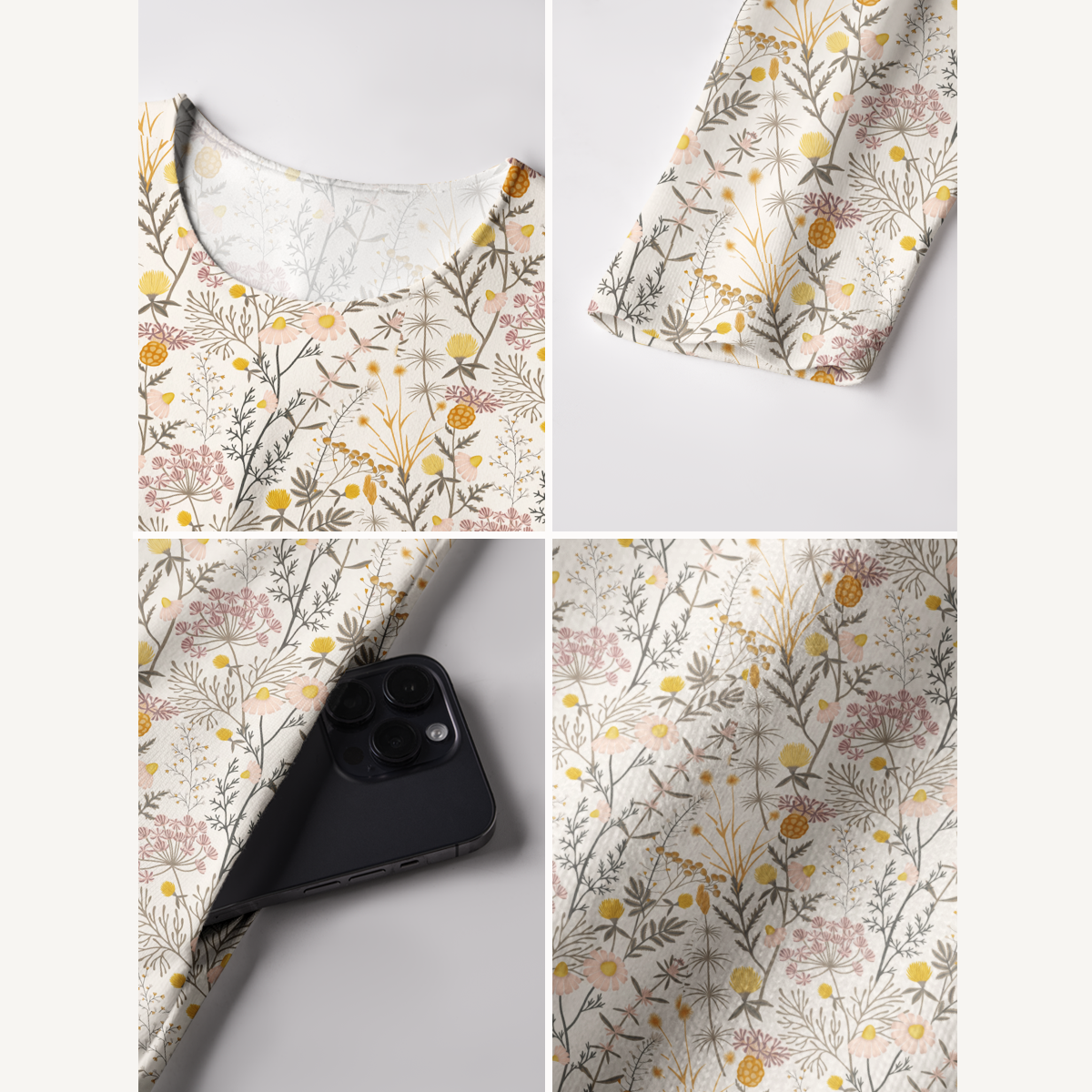 Yellow Wildflower Meadow Print Soft-Touch Stretch Knit Long Sleeve Maxi Dress with Pockets